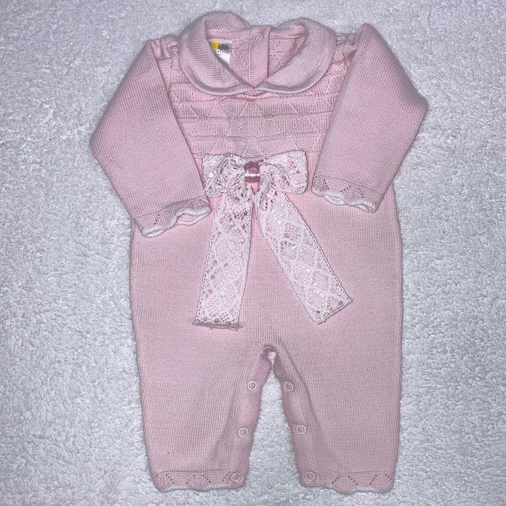 Dolce Goccia bow knit pink long sleeve cotton one piece jumper 3m